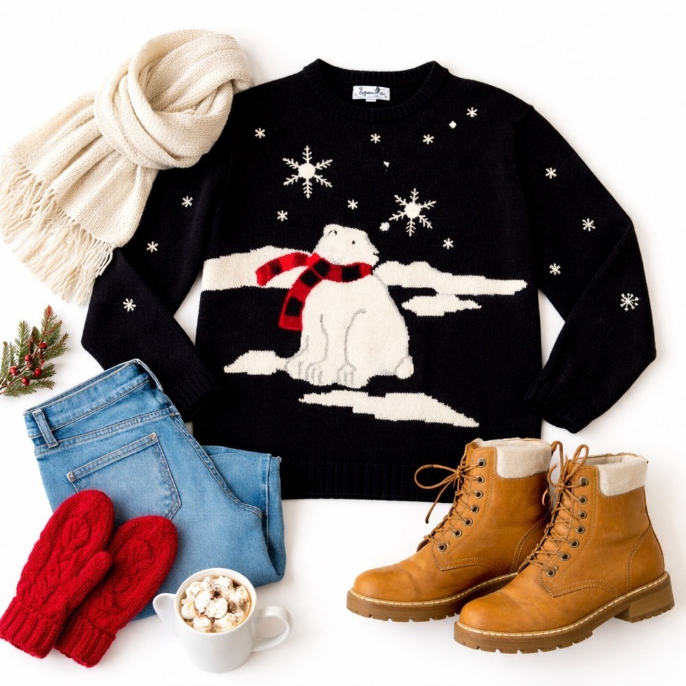 Timberlea Polar Bear Snowflake Sweater Black Red Scarf Vintage XL in GUC